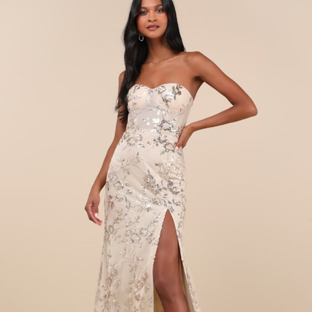 Lulus Confident Sensation Gold Sequin Strapless Bustier Maxi Dress - Size XS